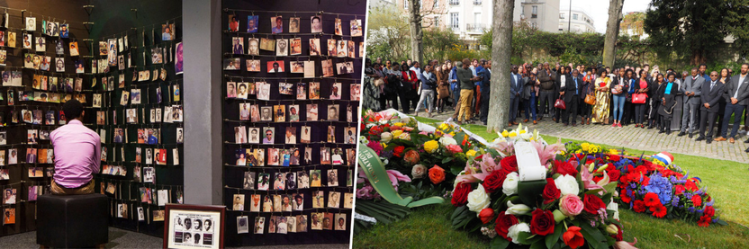 L'image est un diptyque montrant deux scènes distinctes mais liées.  À gauche, on voit un homme assis, le dos tourné, contemplant un mur recouvert de nombreuses petites photos.  

Ces photos semblent être des portraits, probablement de victimes du génocide des Tutsis au Rwanda.  

L'atmosphère est sombre et mélancolique. 

À droite, un grand groupe de personnes se tient en silence devant une grande gerbe de fleurs, signe de deuil et de commémoration. 

L'arrière-plan est un jardin ou une place. 
Source : Ibuka France