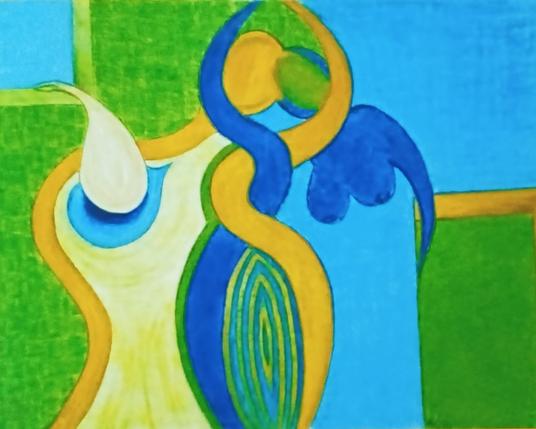 In Grün- und Blau- und Beige-Tönen werden zwei abstrakte Figuren dargestellt, die durch ein Fenster (der Mann, links) bzw. eine Tür (die Frau, rechts) zu kommen scheinen und sich ineinander verlierend in der Bildmitte verbinden.