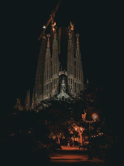 Sagrada Familia Basílica in the night photographed from Plaza Gaudi