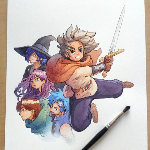 Work in progress picture or an illustration for Seed of Nostalgia, featuring Attila, the main character, holding his sword and jumping towards the camera.
Behind him is a montage of his companions busts.