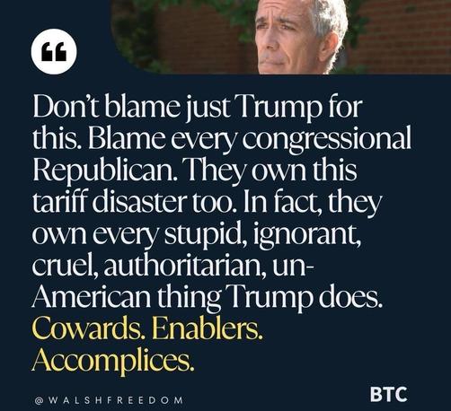 Don't blame just Trump for this. Blame every congressional Republican. They own this tariff disaster too. In fact, they own every stupid, ignorant, cruel, authoritarian, unAmerican thing Trump does. Cowards. Enablers. Accomplices.