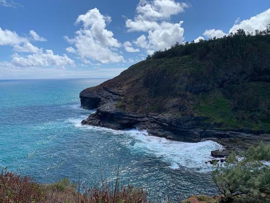Photo of a cove, taken from one side, with blue Pacific Ocean and scattered clouds in the sky. A lava rock spur, partially covered with green grasses and foliage forms the other side of the cove.