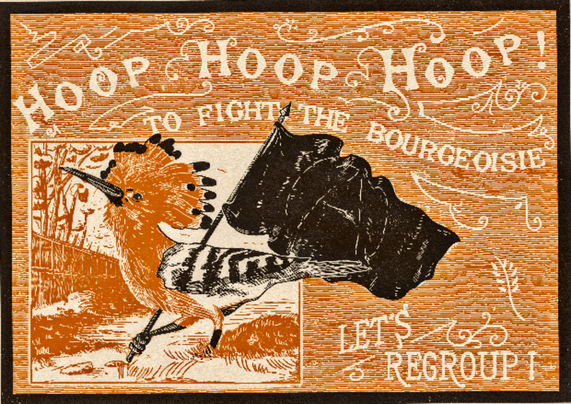 Vintage style illustration in shades of orange, white and black. A hoopoe carries an anarchist flag. A text reads "hoop hoop hoop, to fight the bourgeoisie let's regroup".