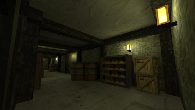 In this picture you can see a basement. From right to left you can see two stacked wooden boxes, a wine rack, two wooden barrels, another wooden barrel in the background, a large wooden box with a smaller wooden box on it and in front of it is another wine rack. The basement is equipped with wooden support pillars. In addition, you can see four yellow lamps attached to the walls. This is on the map cs_italy in the game Counter-Strike 1.6.