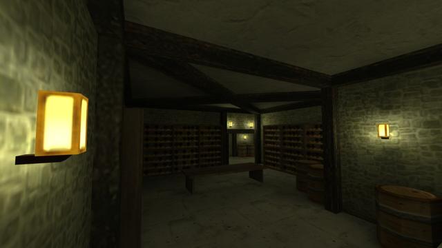 In this picture you can see the basement again. From left to right you can see a yellow illuminated lamp attached to the wall, four wine racks, a passageway to another room where there were two wooden barrels and above them is again a yellow-lit lamp. There are also two yellow-lit lamps across the passageway. Next to the passageway are three more wine racks, two wooden barrels, another yellow-lit lamp and another wooden barrel. In the middle you can see a wooden table. And the wooden supports for the walls can be seen again. This is on the map cs_italy in the game Counter-Strike 1.6.