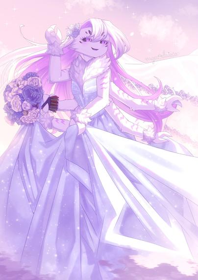 a wedding and winter themed picture of a pink and white arachnid girl holding a bouquet