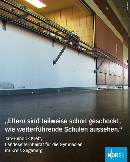 Bild: Eine Sporthalle, deren Innenwände und Boden deutliche Spuren aufweisen.

Text: "Eltern sind teilweise schon geschockt, wie weiterführende Schulen aussehen."

Jan-Hendrik Kreft,
Landeselternbeirat für die Gymnasien im Kreis Segeberg