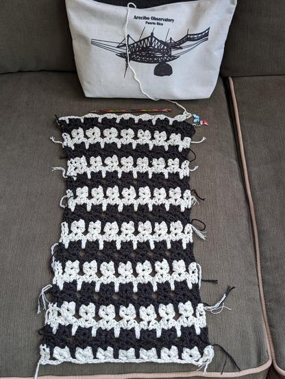 thirteen rows of cats! with my colorful new crochet hook, on a sage green sofa, in front of a white canvas ziptop bag with a black outline of the radio telescope at Arecibo Observatory
(I picked up a trio of these bags on our visit there many years ago - never found a use for them until I started crocheting again, and now they make terrific project bags!)