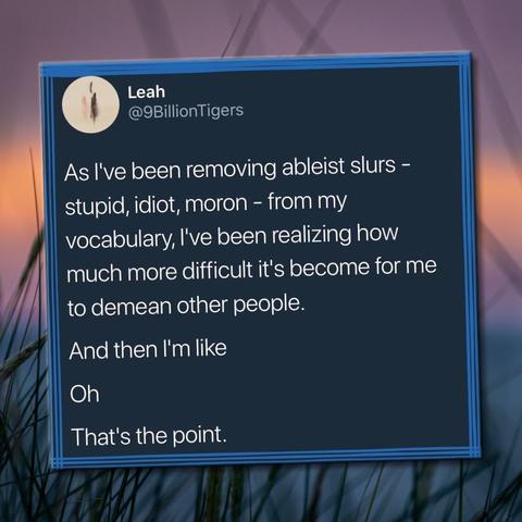 Leah
@9BillionTigers

As I've been removing ableist sluts — stupid, idiot, moron — from my vocabulary, I've been realizing how much more difficult it's become for me to demean other people.

And then I'm like
Oh
That's the point.