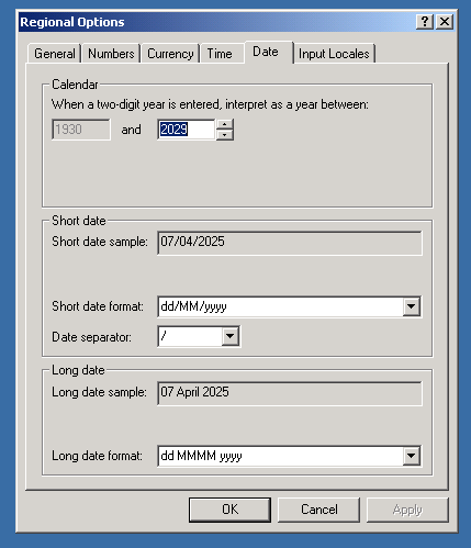 Screenshot of the Windows 2000 "Regional Options" screen with the setting: "When a two-digit year is entered, interpret as a year between:" showing 1900 to 2029, with 2029 being editable.