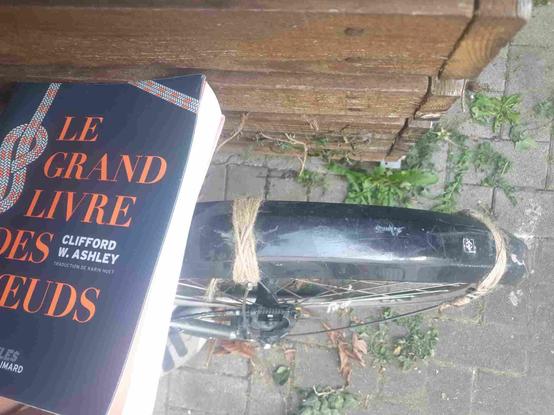 Vélo vu de haut avec garde-boue sks plastique et alu sur roue arrière.
Le garde-boue est noir fissuré et cassé de partout, réparé avec de la ficelle de jute.
Sur le garde-boue est posé le livre en couverture souple "Le grand livre des nœuds" (amen) de Clifford W Ashley.
Les noeuds sur la jute réparant le garde-boue ne sont pas dignes du livre, mais tiennent bien :)
Pavés et muret en bois autour.