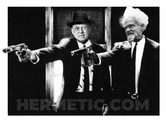 B&W image of the boys from Pulp Fiction holding out their guns, but their faces have been replaced by Crowley and Gardner