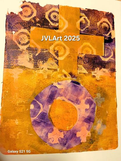 Abstract painting in yellows and purples  with crosses and OS throughout
