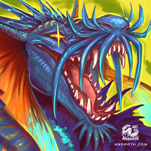 Square portrait icon of my water dragon Anoroth baring their teeth! dragon is blue with orange ear fins and big barbels on the nose. The background is warm green and there is a sparkle in the eye