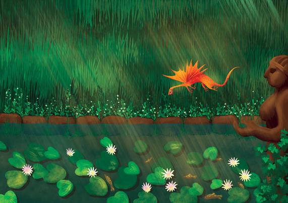 A tiny golden dragon hovers over a pond full of water lilies and goldfish, on a backdrop of tall reeds. On the left, an old clay statue of a woman looks like it was once holding something.