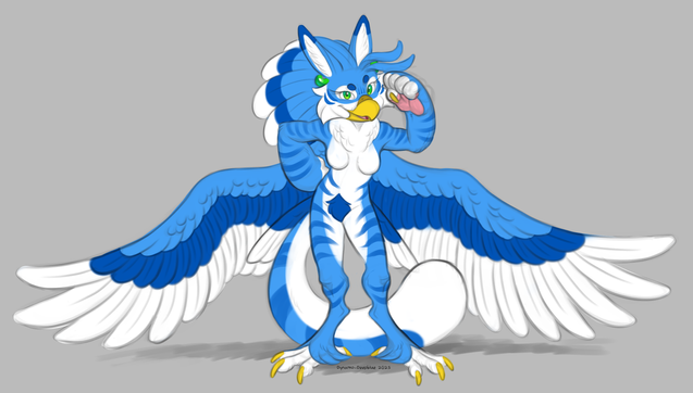 A sketchy illustration of a female anthro blue gryphon with tiger stripes flexing an arm with her other hand on her hip. She has her wings outstretched to the sides and is looking at the viewer with a confident, daring smile.