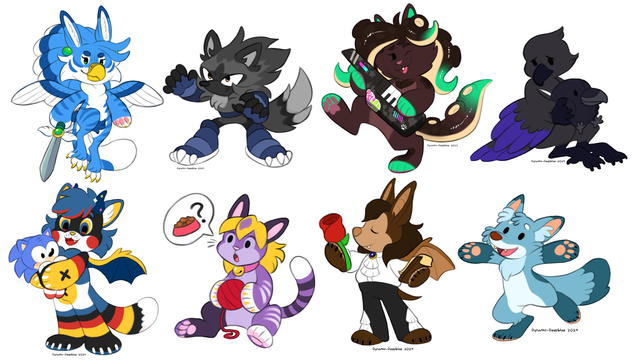 A collage of chibi animal characters with simplified round hands and feet and dot eyes.
