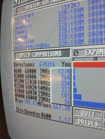 A close-up of said screen. The machine is 1274 times faster than an A600 and 36 times faster than an A4000