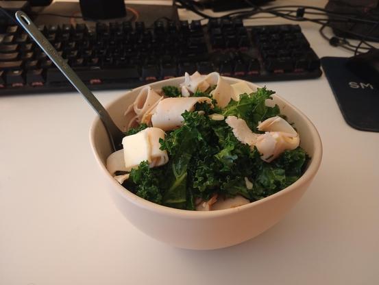 a bowl of kale salad topped with slices of turkey and american cheese.