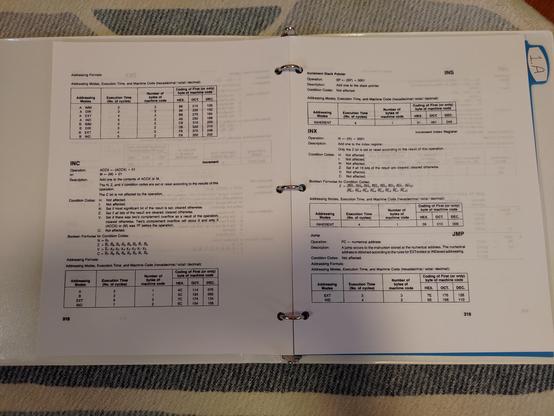 A spread from "How to Program and Interface the 6800" showing the instruction set reference. There's a divider tab, after which I also printed the chapter about the PIA chip, since there are a lot of them on the Data East mainboard for interfacing with lamps, switches, coils, and everything else.