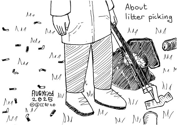 Cover and backside of the zine called "About litter picking"
It shows a comic character with a litter picker. In front of them is some garbage on the grassy floor, behind them some cigarette butts.