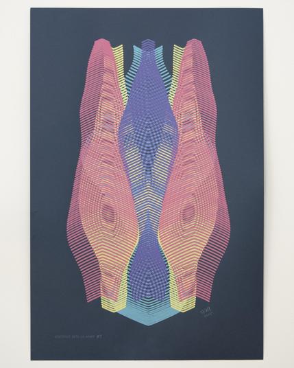 An abstract painting produced by a robotic pen plotter using a generative algorithm. Yellow, teal, red, and purple acrylic paint produce a curving, lenticular form on dark blue paper.