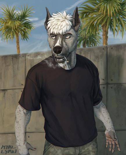Anthro pitbull mix standing in front of a concrete wall. He's smoking a cigarette, looking annoyed at someone off camera