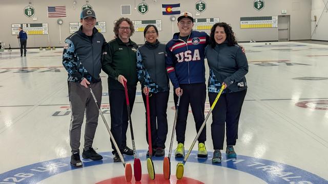 A photo of the curling team "Curlers in Andy's Residence" shortly after winning the B event final of the Green & Gold Open Bonspiel.