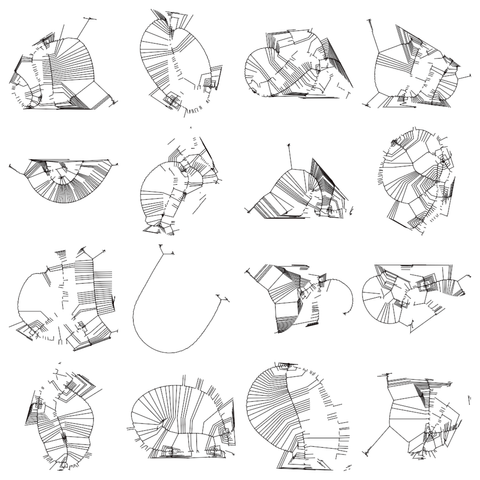 Code generated design using the same approach like in the previous image, but using 7 points per hobby curve and all shapes rotated so the longest segment of the shape aligns to the horizon.