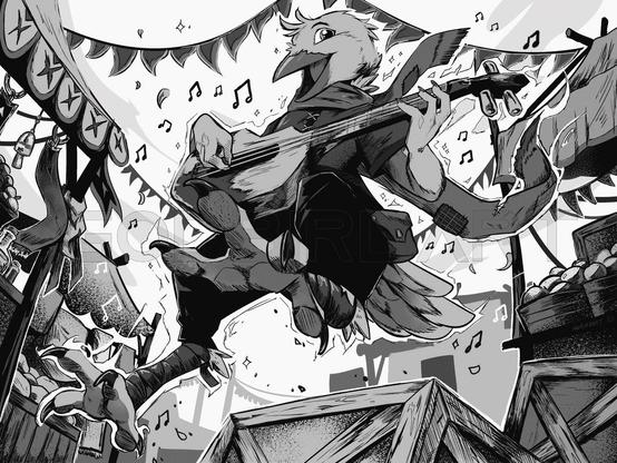 image is a digitally illustrated sketch of an anthropomorphic avian, specifically a kenku, convivially strumming a stringed instrument as they maneuver about a festive marketplace crowded with crates and wares.
