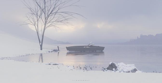 A CGI image of a rowboat beneath a tree, frozen into a lake on a cold winter's morning.
