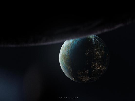 An image of a CGI planet-rise, showing a distant world emerging from beneath a nearer-field planet in carving a crescent in the frame.