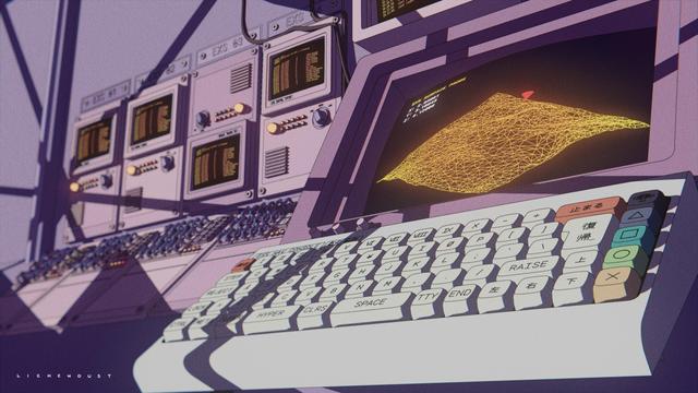 A close-up illustration of a complex control panel in a spacecraft or aeroplane, with a large mechanical keyboard prominently featured.
