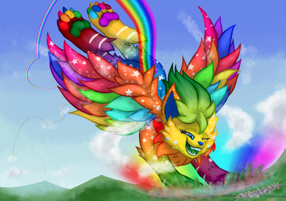 A happy sparklecat, Rainbowwing, landing in the foreground next to mountains and a city, with a rainbowy-light ‘explosion’ upon impact from having bounced and hopped across the skies, with a rainbow path left behind her everywhere she’s been at.