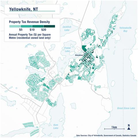 Map of Yellowknife coloured by property tax revenue per km2. The map highlights how the central, denser, downtown area has higher revenue / is more productive on a per area basis.