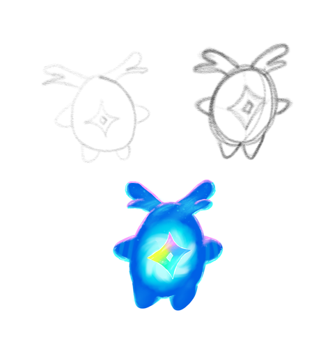 Two pencil sketches and a fully colored little drawing of the Starry guys from the new kirby dlc. They are round creatures with stubby little arms and legs, as well as two horn or antenna things on top. They have no faces, but a rainbow ninja star type shape where a face would go. The colored drawing is dark blue with lighter blue swirls, and a bright cyan center as if the creature is lit up inside. The edges of the drawing are a sorta iridescent pink and cyan.