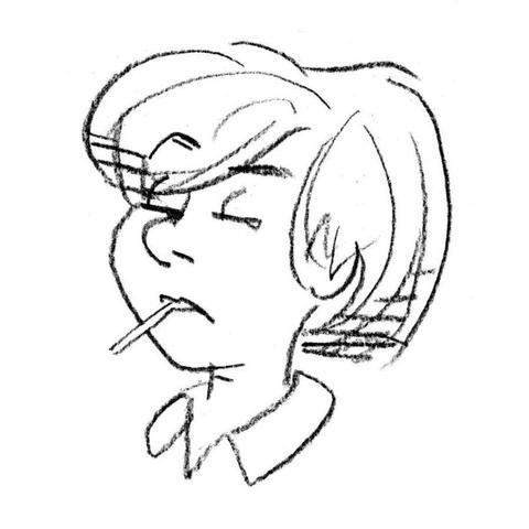 doodle of the face of a young woman with thick shortish unkempt hair and a cigarette, drawn with Wolff carbon pencil