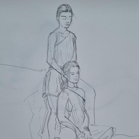 Sketch of two women, one standing, playing with the hair of the other who is seated on ground
