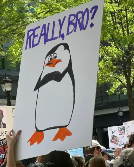 A protest sign with a disgruntled penquin saying, "Really, bro?"
