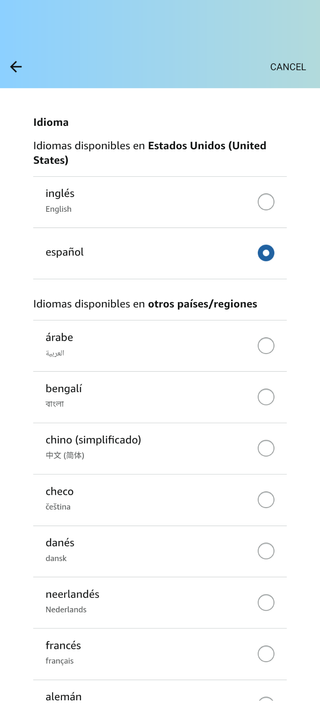Amazon language select with all the languages listed primarily with their name in Spanish