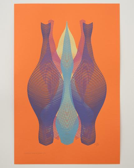 An abstract painting produced by a robotic pen plotter using a generative algorithm. Yellow, teal, red, and purple acrylic paint produce a curving, lenticular form on orange paper.