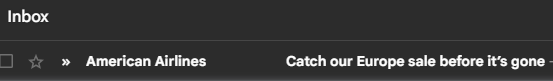 snapshot of inbox with preview of email from American Airlines urging customers to catch their Europe sale before it's gone!
