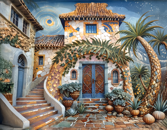 A surreal tile-covered house with a curving palm tree with a scaly trunk, and tropical vines creeping across its facade.