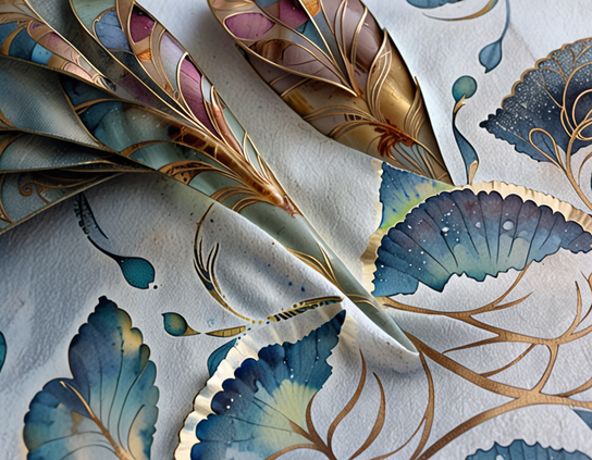 Delicate blue and purple fan like leaves rendered in layered washes of color, gold ink, and applique patterns, in an impossible to describe collage effect. Abstract style.