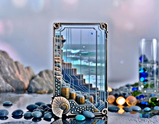 A miniature framed scene shows an ocean view through a portal adorned with glass, gems, and shells, set on a nondescript beach with out of focus rocks, lights, and hills in the grey twilight background.