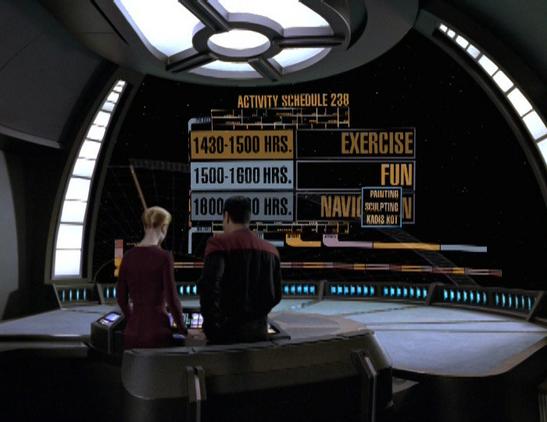 Seven of Nine with Tuvok in astrometrics reviews the Borg kids' schedule, where she has scheduled "fun".