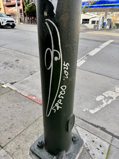 A graffiti tag on a light post. The tag says “S&P 500” and also has a symbol of so,e sort that looks almost like a banana, or a moon. This is S&P 500’s character tag.