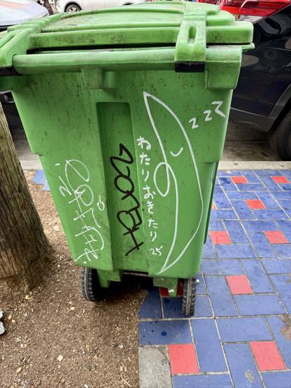 S&P 500’s moon shaped character drawn on a garbage can. There is also Japanese hiragana written by the artist, but I can’t read or translate what it says. There are other tags on the trash can too.