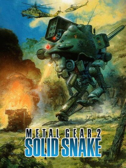 A poster-esque image featuring "Metal Gear 2" key art of the Metal Gear wrecking havoc in a jungle. Text reads: METAL GEAR 2: SOLID SNAKE.