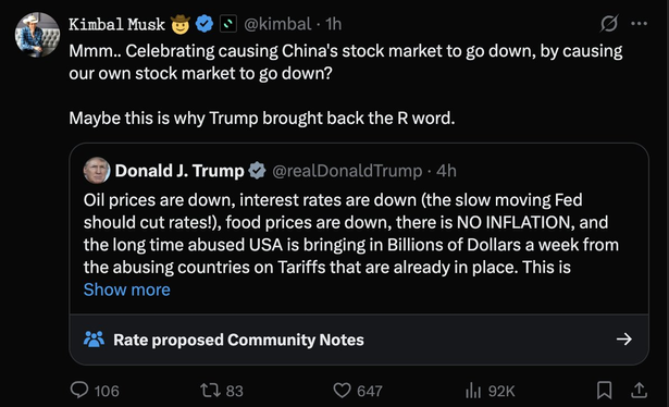 @ Kimbal Musk
Celebrating causing China's stock market to go down, by causing our own stock market to go down? Maybe this is why Trump brought back the R word. 

quote tweet @realDonaldTrump - 4h Oil prices are down, interest rates are down (the slow moving Fed should cut rates!), food prices are down, there is NO INFLATION, and the long time abused USA is bringing in Billions of Dollars a week from the abusing countries on Tariffs that are already in place.  Rate proposed Community Notes